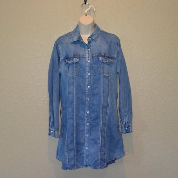 Sz M Chiqle Western Denim Shirt Dress with  Pearl Snaps - Picture 4 of 16